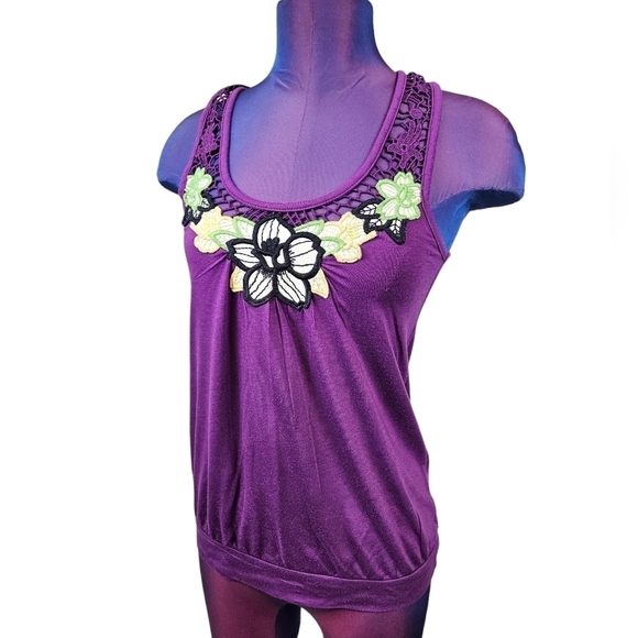 Energie Purple Crocheted Racerback Floral Embroidered Tank Top Women's Small - Picture 1 of 9